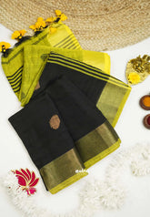 kannamma Handwoven Ballbutta linen Black with yellow pallu - singer chitra saree - Madras Sarees
